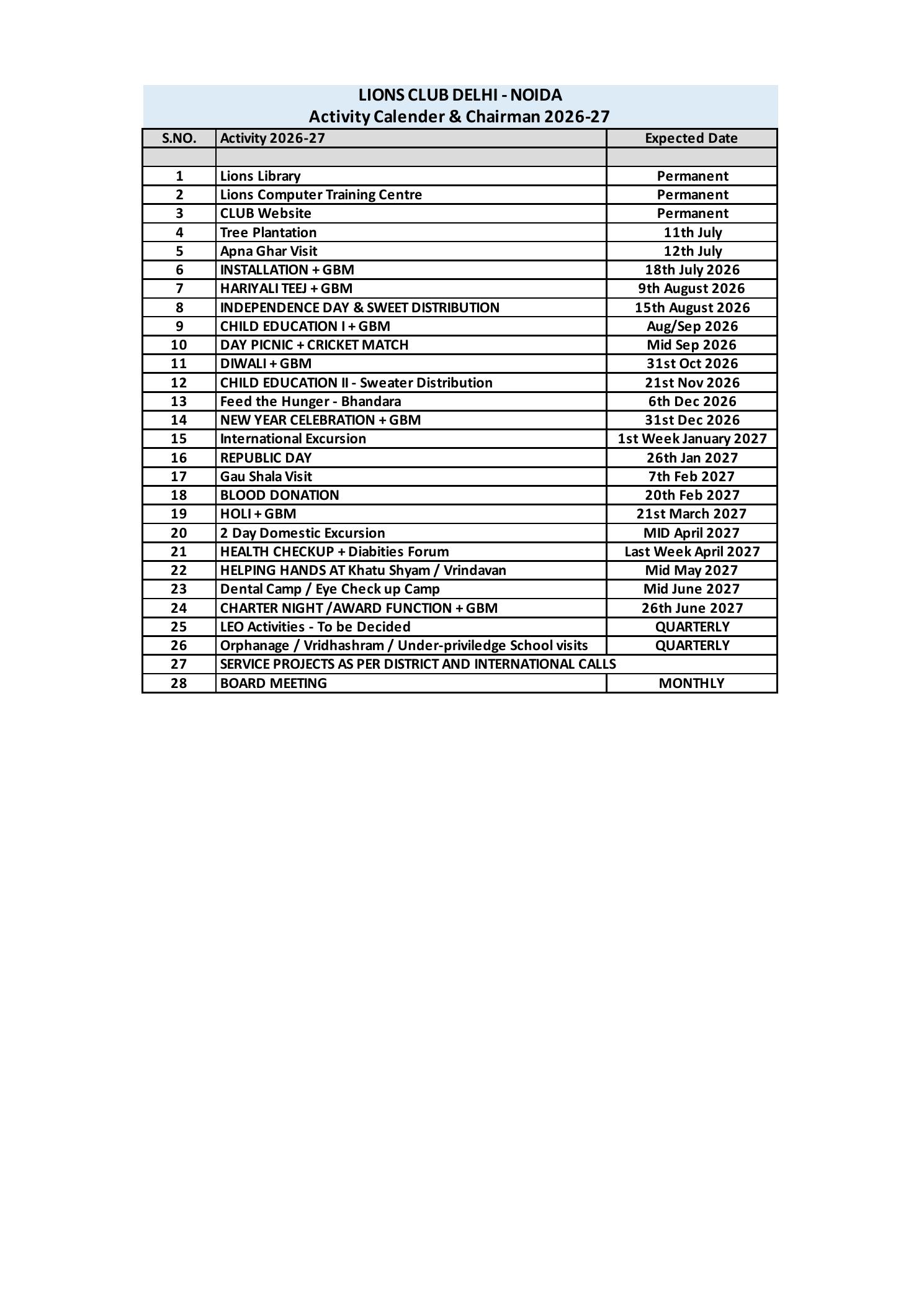 Activity Calendar 2026-27 - Planned service and fellowship calendar